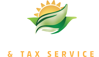 Logo for Carrel Bookkeeping & Tax Service featuring a sun rising behind two green leaves, with the company name in bold white and orange text below.
